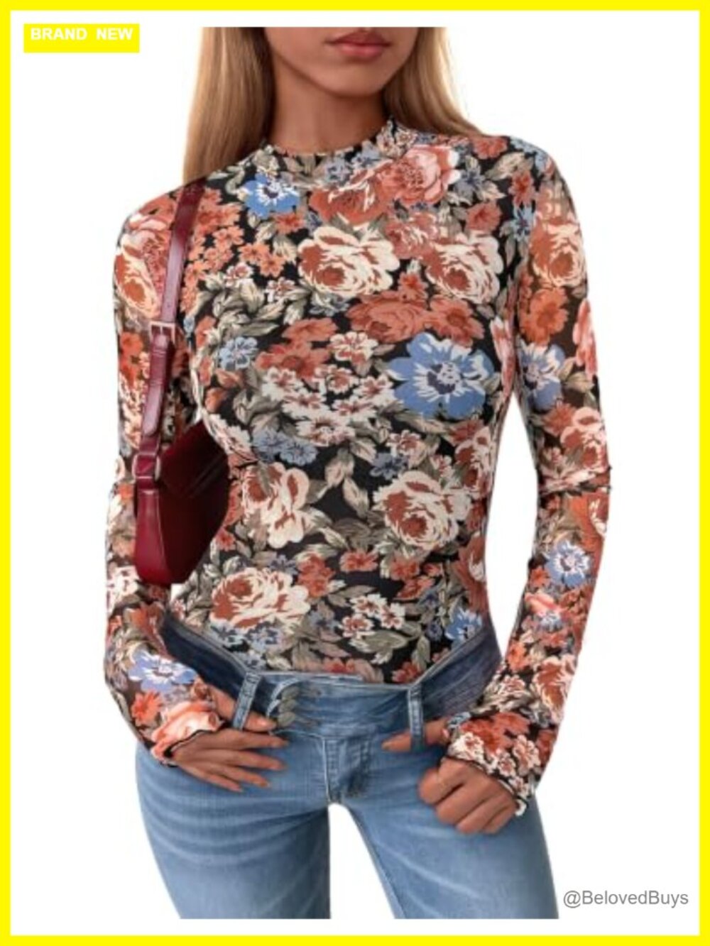 Womens Floral Mesh Long Sleeve Mock Neck Thumbhole Fitted Blouse Fall Top